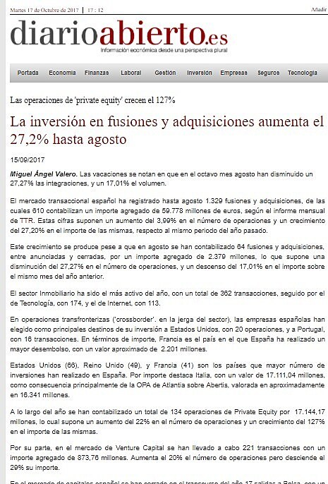 La inversin en fusiones y adquisiciones aumenta el 27,2% hasta agosto